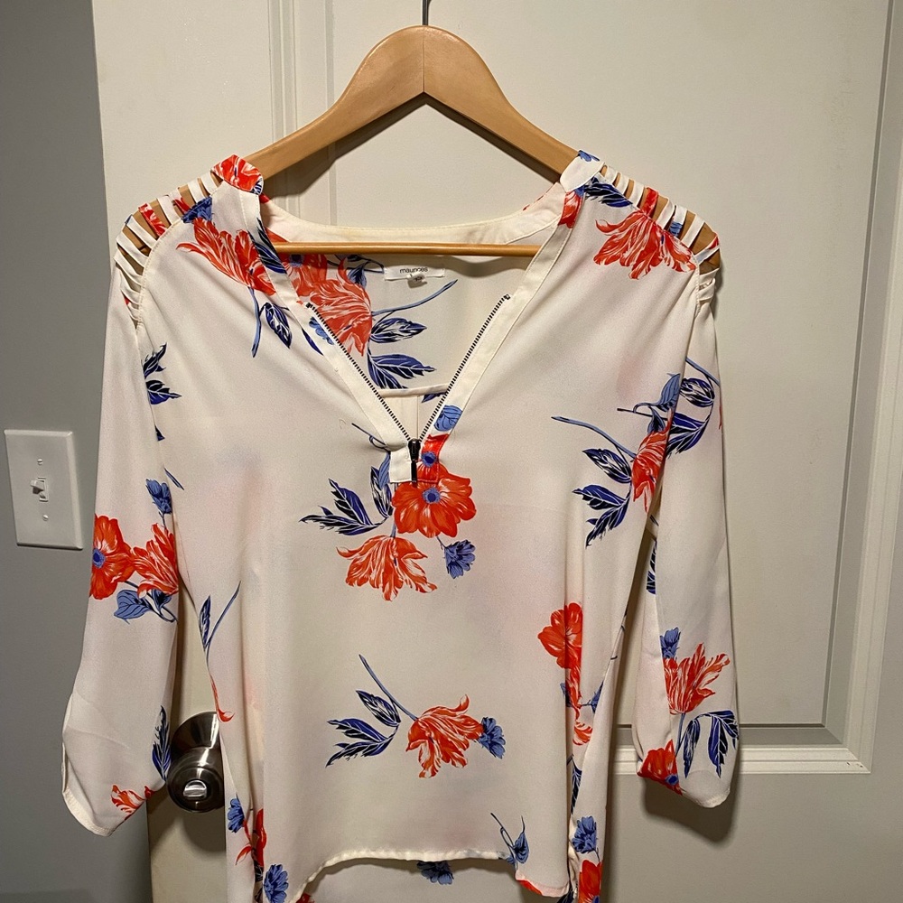 Maurices Floral Blouse - White with Red and Blue